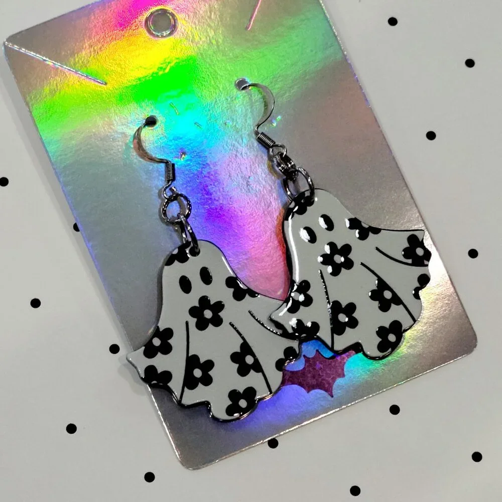 Black and White Retro Flower Ghost Earrings Stainless Steel Hooks Summerween - Picture 7 of 7